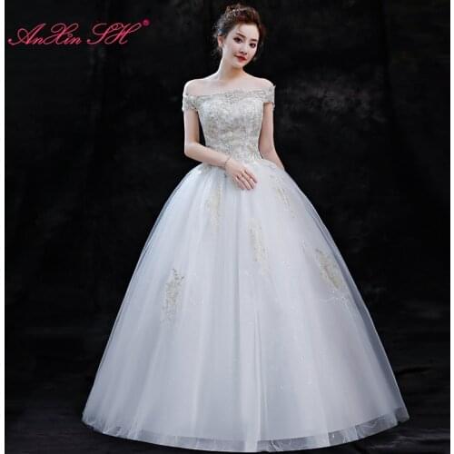 AXJFU princess champagne rose flower lace white wedding dress party vintage boat neck bride glaring beach white wedding dress