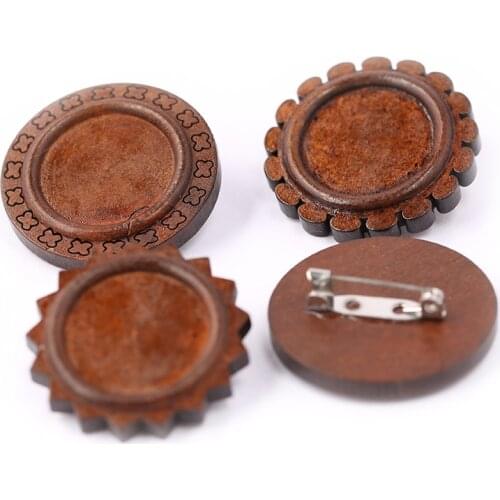 Reidgaller 10pcs brown wood cabochon brooch base setting 20mm dia blank backing trays for brooches making diy findings