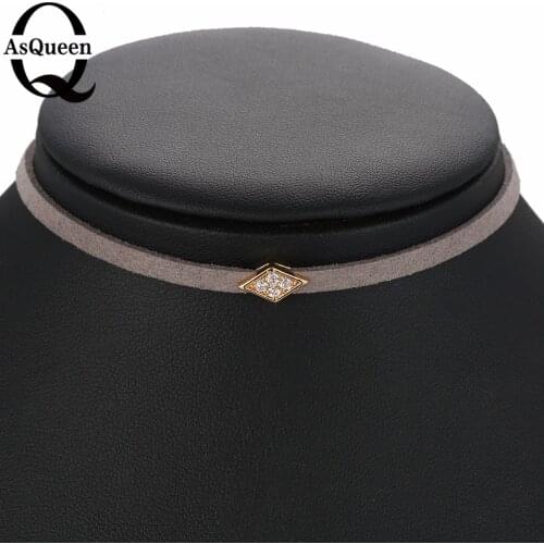 Gray Imitation Leather Choker Crystal Square Pendant Chocker Necklace Jewelry Women Bijoux Christmas Gift
