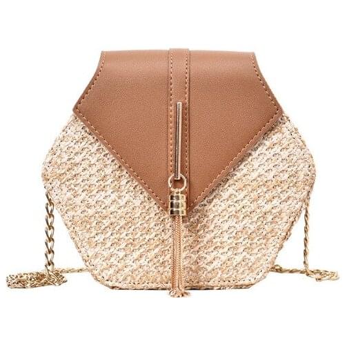 Hexagonal Ladies Handbag Summer Chain Messenger Bag Fashion Shoulder Bag Handbag and Wallet Vacation Straw Woven Bag Beach Bag