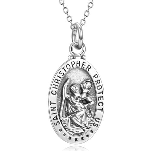 St Christopher Medal Necklace,Stainless Steel Medallion Travel Pendant Box Chain Necklace for Men Women