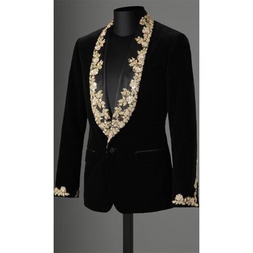 ANNIEBRITNEY Custom Black Velvet Embroidery Men Suit Slim Fit Tuxedo 2 Piece Groom Wedding Suits Blazer Jacket With Pants Set