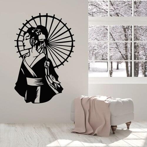 Beauty Geisha Wall Decal With Umbrella Kimono Asian Style Vinyl Window Stickers Woman Bedroom Salon Interior Decor Mural M163