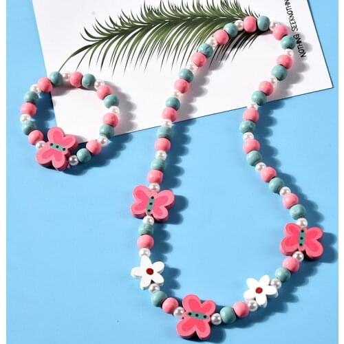 Fashion Cute Cartoon Wooden Flower Animal Child Sweater Necklace Bracelet Girls Gifts Children Jewelry Birthday Gifts Party