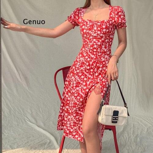 Fashion Summer Womens 2021 Dress Elegant New Wave Point Short-Sleeved One-Word Neck Hem Slit Bag Hip Dresses Mid-Length Skirt