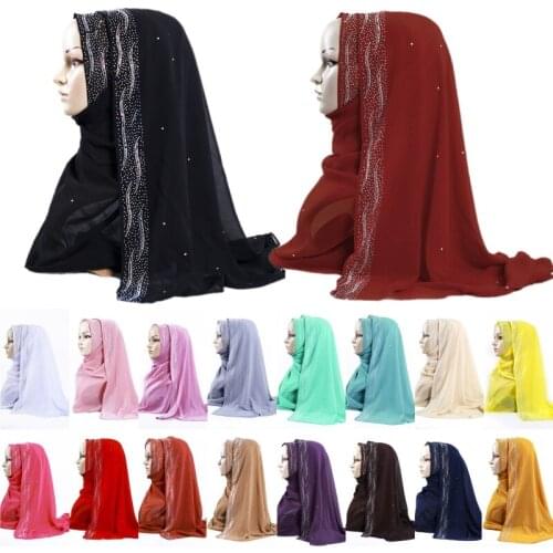 Muslim Women Pearl Chiffon Diamond Scarf Headscarf Hijab Islamic Rhinestones Wrap Shawl Cape Long Scarves Dubai Turban Headwear