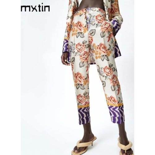 MXTIN 2021 Women Summer Fashion Floral Print Straight Pants Vintage High Waist Fly Side Pockets Female Harajuku Trousers Mujer
