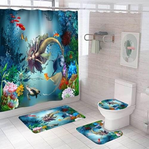 Home Decor Bathing Waterproof Shower Curtain Set with 12 Hooks Toilet Covers Bath Mats Bathroom Non-slip Rug Carpet Polyester