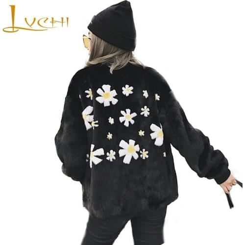 LVCHI Winter 2019 Real Fur Mink Coat Print Flower Black Natural Fur Causal Coat Womens O-Neck Long Sleeve Short Loss Mink Coats