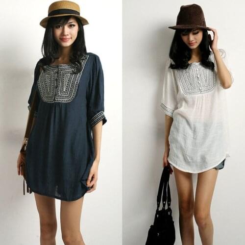 New Free Shipping Vintage 70s Mexican Ethnic Floral Embroidered Blouse Tops Tent Dress Hippie Women Vestidos TOP M L Plus size