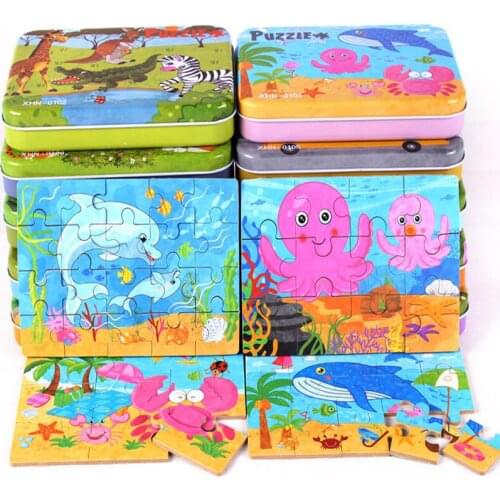 4 In 1 Puzzles Set 9/12/15/20Pcs Baby Educational Toys Total 4 Puzzles Iron Box Cartoon Animal/ Vehicle Wooden Toys Child Gift