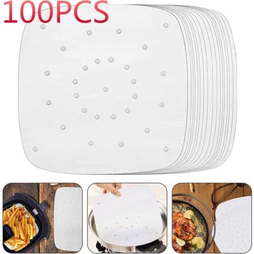 100 Sheets Air Fryer Square Baking Paper Silicone Oil Paper For Buncake Paper Saucer Non-stick Steaming Basket Mat Baking Tools