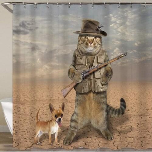 The cat Hunter is Holding a Real Rifle His Dog is Next to him Waterproof Bath Curtains