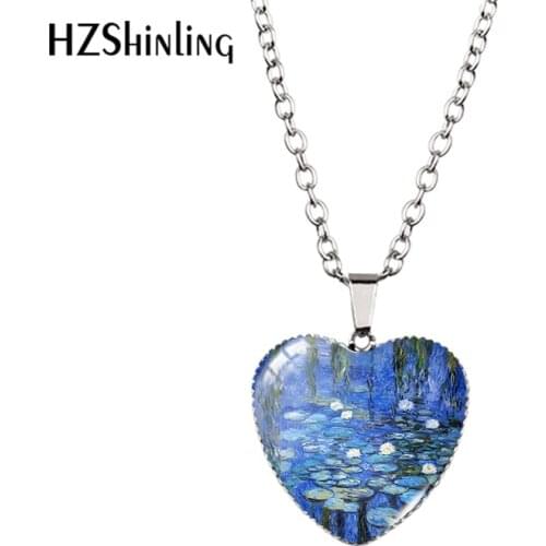 2021 New Water Lilies Pendant Necklace Oil Painting Glass Dome Handmade Jewelry Heart Pendants Gift Women