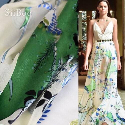 Pastoral green blue floral burnout jacquard brocade silk fabric for summer dress tissu cloth tecido 10mm SP5655