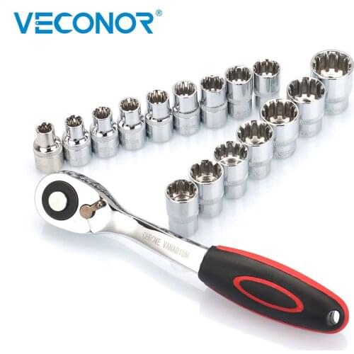 VECONOR 17pcs 1/2" Drive Reversible Ratchet Socket Wrench With 16pcs Socket Bits 8-24mm 12.7mm Ratchat Socket Spanner
