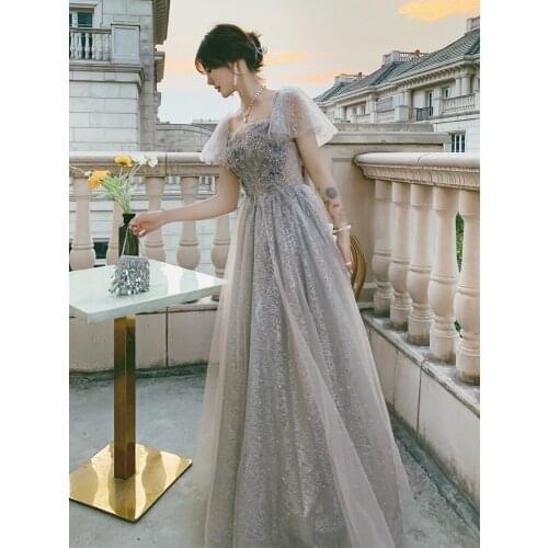 Sexy Gray Cheongsam Exquisite Appliques Floral Qipao Charming Sequins Maxi Mesh Dress Grace Evening Party Vestidos