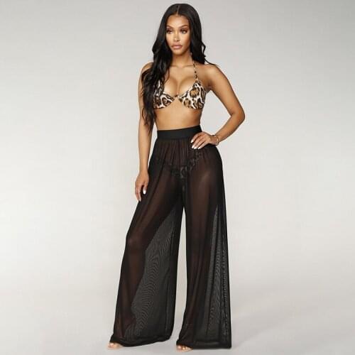 Sexy Mesh Perspective Beach Pants Solid Women High Waist Wide Leg Pants Trousers Streetwear Pantalon Sun Protection Clothing