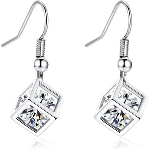 Zircon Earrings Silver Plated Exquisite Small Square Design Dangle Earrings for Women Wedding Jewelry Gift for Girlfriend