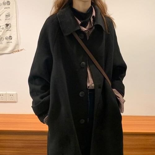 Wool Blend Woolen Coat Front Single Breasted Button Pocket Straight Overcoat Trench Korean Long Cute Autumn Outwears