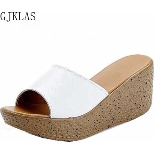 Genuine Leather Slides Women Wedges Shoes Beach Slippers Heels Sandals Women Size 41 Casuales Platform Shoes Woman Slippers
