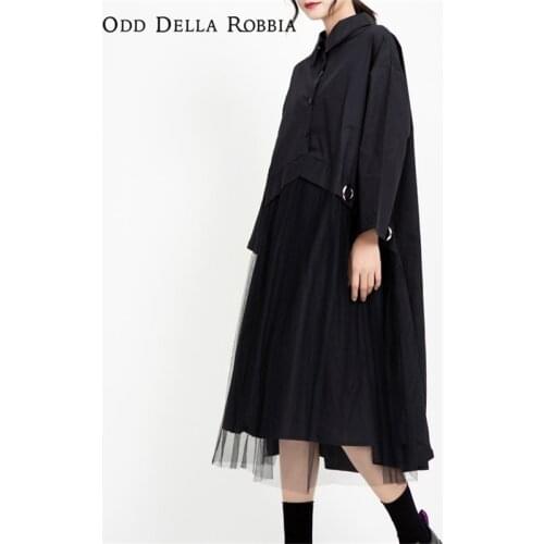 OddDellaRobbia 2021 Spring Autumn Women Solid Color Mid-Length Skirt Design Sense Mesh Stitching Loose Long-Sleeved Dress 1155