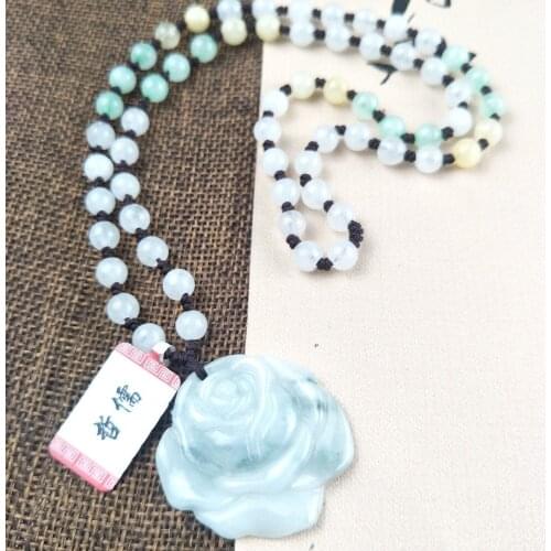Zhe Ru Jewelry Pure Natural Jadeite Carved Light Green Peony Pendant Tricolor Ice Bottom Jade Bead Chain Send A Certificate