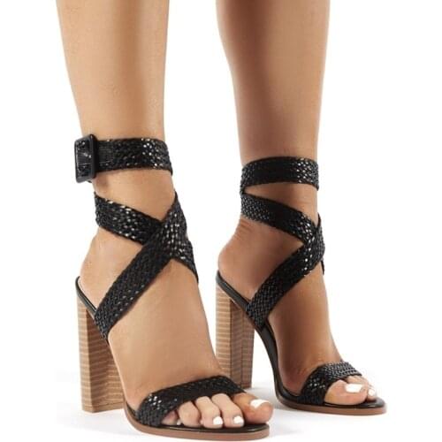 Womens Shoes Summer Black Fashion PU Buckle Belt Thick High Heels 11cm Round Head Woven Women Sandals Waterproof