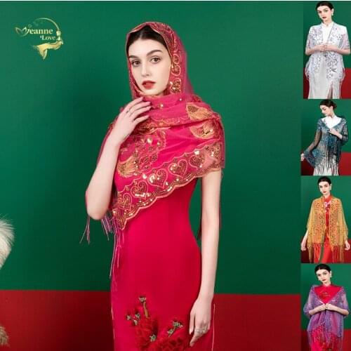 Women Scarf Long Shawl For Wedding Formal Party Bridal Stole BlingBling Sequin Embroidery Headband Muslim Hijabs Scarves/Scarf