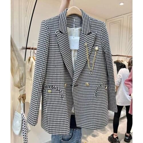 2021 Fall New Womens Jacket Plaid Suit High Quality Casual Double Breasted Office Elegant Lady Blazer Temperament