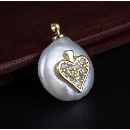 Gold micro paved white cz zircon heart charms flat natural freshwater pearl bead pendant charm for diy jewelry making for choker