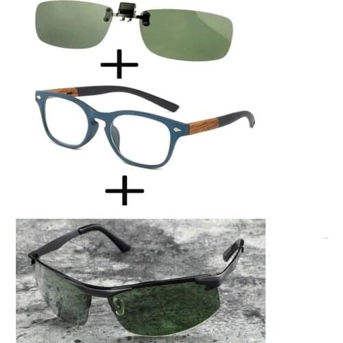 3Pcs!!! Comfortable Wooden Squared Frame Reading Glasses for Men Women + Alloy Polarized Sunglasses Outdoor + Sunglasses Clip