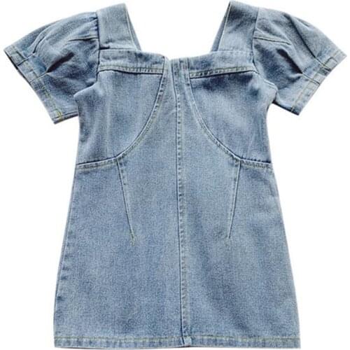 Baby girl summer square collar denim dress kids casual puff sleeve a-line dress