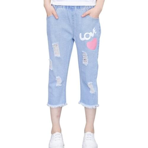 Summer Jeans Girl Hole Kids Jeans Girls Letter Kid Jeans Teenage Childrens Clothes 6 8 10 12 14