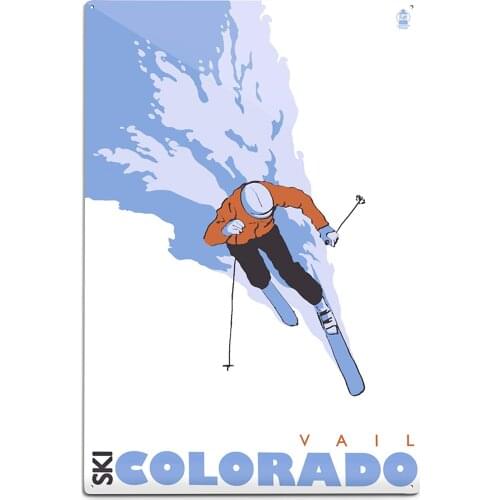 Lantern Press Stylized Skier - Vail, CO 24339 (6x9 Aluminum Wall Sign, Wall Decor Ready to Hang)
