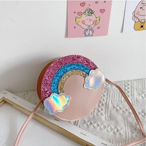 2021 New Style Childrens Cartoon Crossbody Bag Kids Fashion Cute Sequin Rainbow Messenger Bag Small Round Bag For Girls