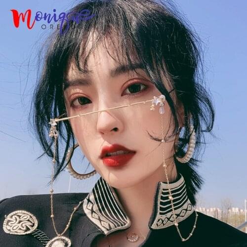 2019 Luxury eyeglasses alloy frame for women strange lensless chain pentagram decoration half frame bling rhinestone glasses