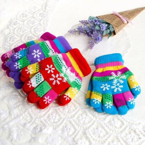Autumn Winter Children Bi-layer Thickened Snow Print Colored Yarn Knit Gloves