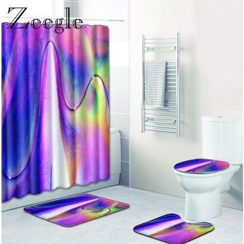 Zeegle Colorful Bath Mat with Shower Curtain Set Non Slip Toilet Foot Rug Polyester Cover Mat Set Bath Shower Curtain with Hooks