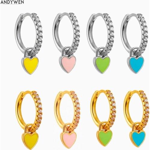 ANDYWEN 925 Sterling Silver Gold Colorful Enamel Heart Piercing Pendiente Pendant Dangle Charm Drop Earring 2020 Crystal Jewelry