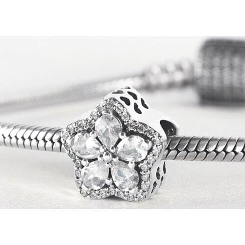 Authentic S925 Silver Charm Pave Star Flower Bead for Women Bracelet Bangle DIY Jewelry Girl Gift