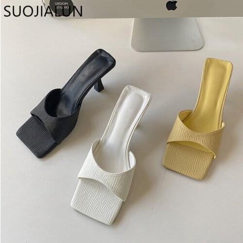 SUOJIALUN New Brand Thin High Heels Slippers Women Slip On Slide Ladies Elegant Mule Shoes Summer Outdoor Slides Big Size 35-40