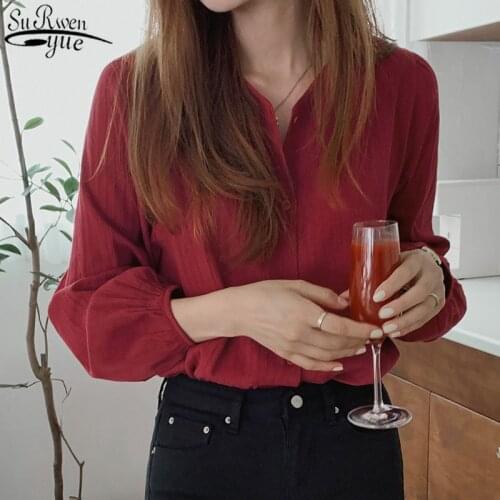 Autumn Wine Red Shirt Cotton Long Sleeve Women Shirt All-match Loose Casual Singel Bresated Cardigan Blouse Blusas Mujer 11682