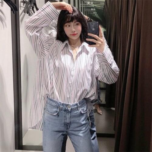 Baldauren Women 2021 Fashion Striped Pattern Loose Lapel Shirt Long Sleeve Button Asymmetrical Shirt Streetwear