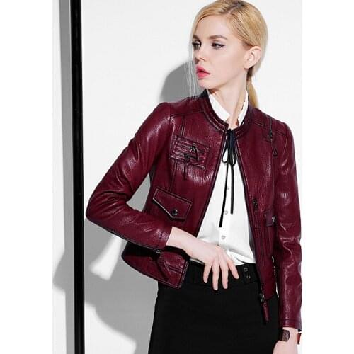 Jacket Women Leather 100% Sheepskin Simple Design Solid Zipper Stand Neck Pockets Long Sleeves Jacket Casual New Fashion