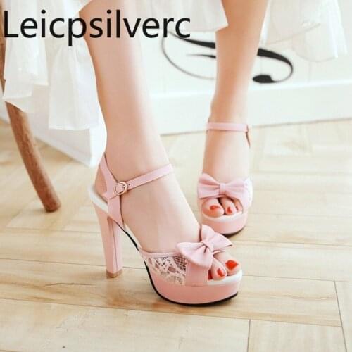 Womens Sandals summer Fish mouth Open toe Lace butterfly Knot Buckle Thick heel High heel Womens shoes plus size 34-43