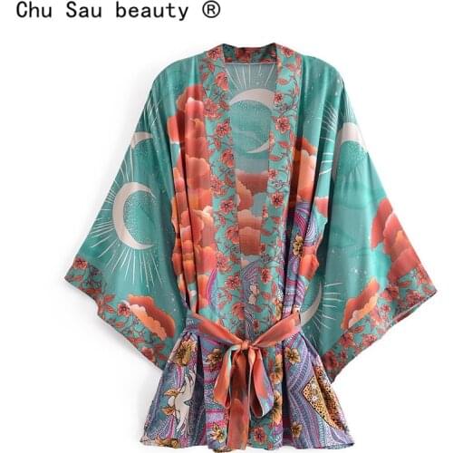 2021 New Fashion Autumn Womens Ethnic Style Vintage Boho Print Belt Kimono Beach Vacation Short Top Blouse