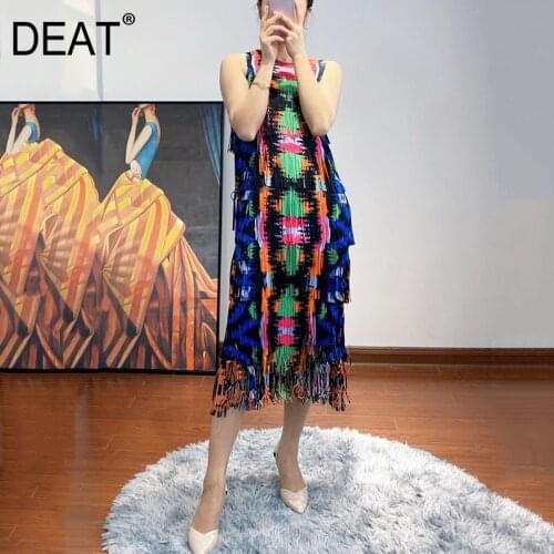 DEAT Pleated Woman Sleeveless Dress Hit Color Print Tassel Slim Halter Long Length Beach Style Dresses 2021 New Summer 15HT205