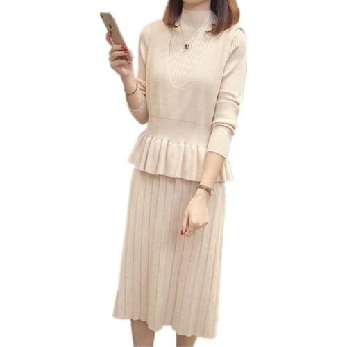 Fashion autumn winter long sleeve knit dress vest two-piece set women long sweater turtleneck slim bottoming sweater dress A3064