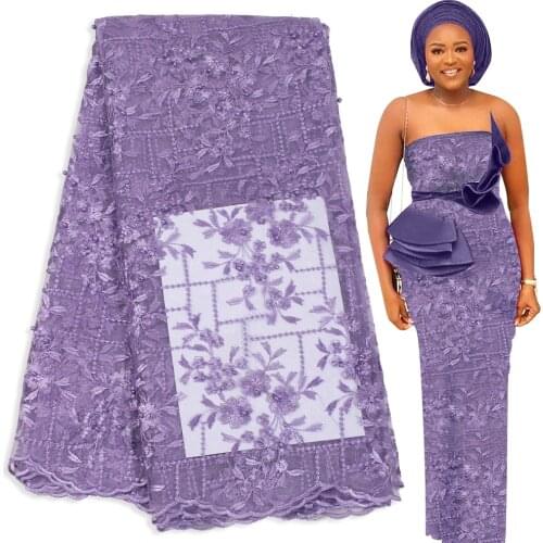 Bestway 3D Beads Embrodery Flower Lilac Tulle Net Material French Lace Fabric Latest Fabric For Womens Dress Lace Cloth Fabric